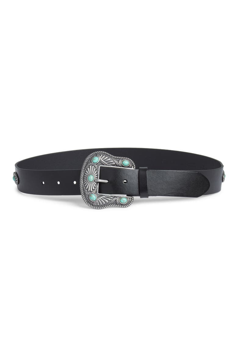 Oversize Buckle Leather Belt, Main, color, BLACK