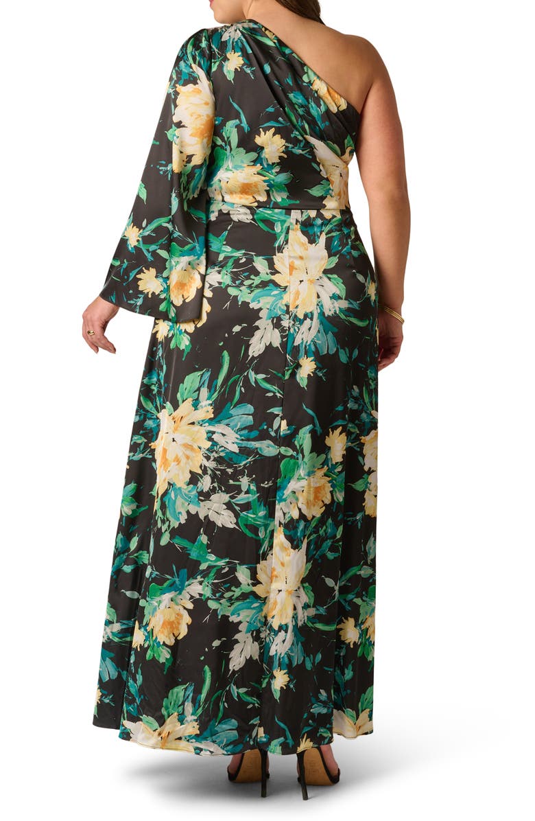 Adrianna Papell Floral Print One-Shoulder Gown, Alternate, color, Black Multi