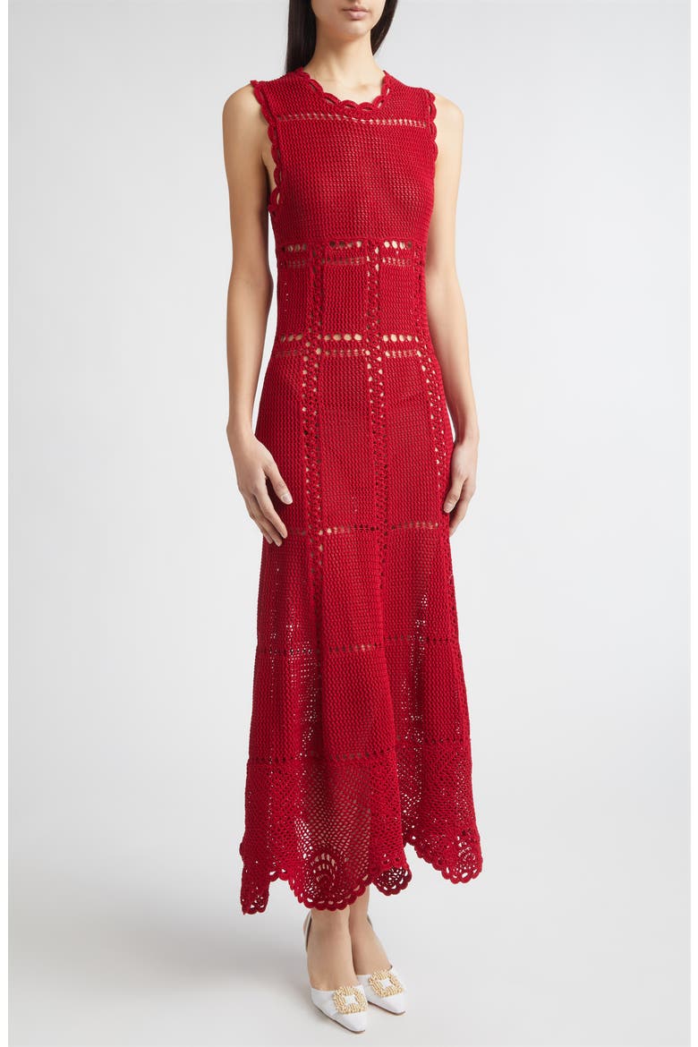 Flared Crochet Cotton Midi Dress, Alternate, color, RUBY RED