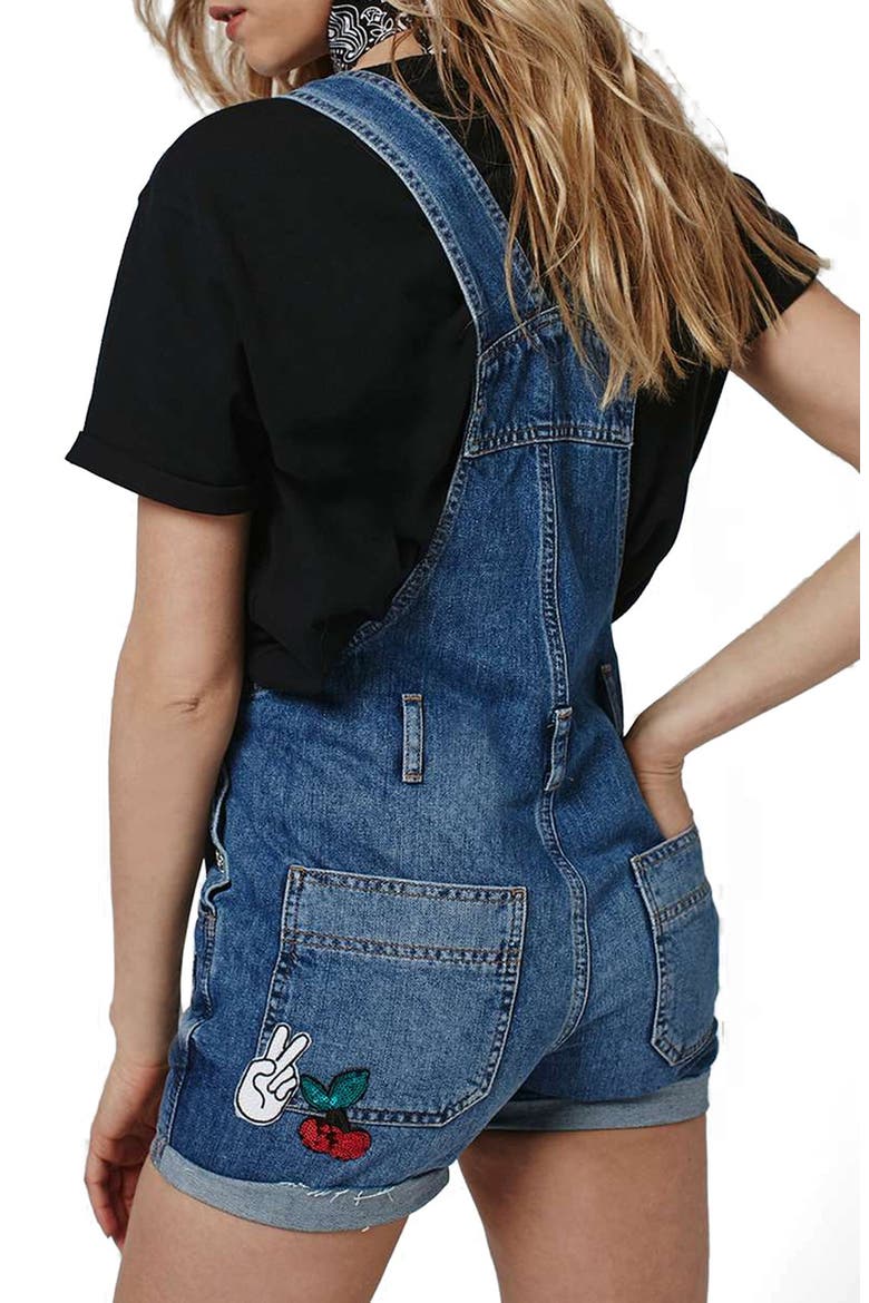 Badge Short Overalls, Alternate, color, MID DENIM
