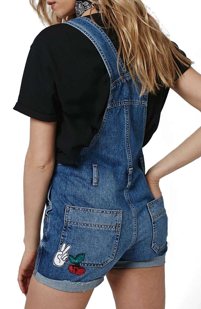 Topshop Badge Short Overalls, Alternate, color, 