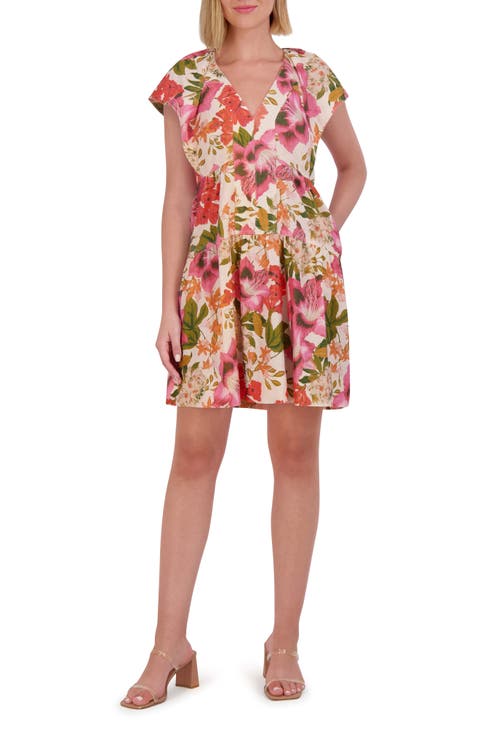 Floral Cap Sleeve Linen Blend Dress