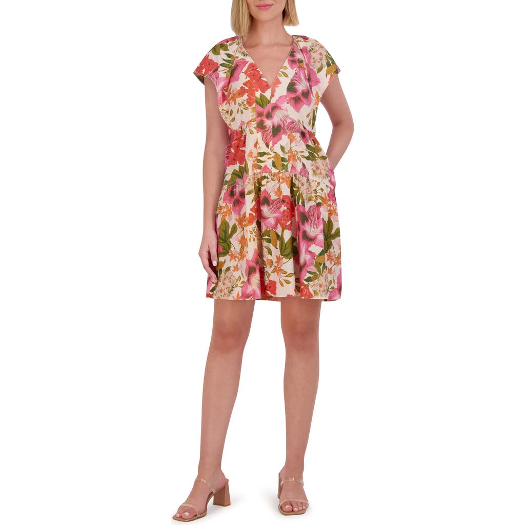 Vince Camuto Floral Cap Sleeve Linen Blend Dress In Pink Floral