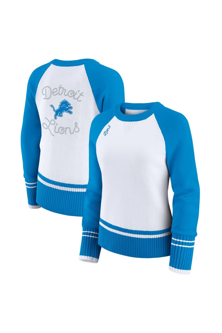 Women's WEAR by Erin Andrews White/Blue Detroit Lions Colorblock Raglan Sweater, Main, color, White
