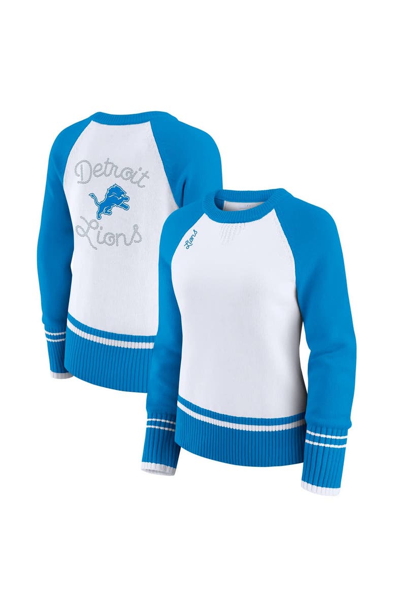 WEAR by Erin Andrews Women's WEAR by Erin Andrews White/Blue Detroit Lions Colorblock Raglan Sweater, Main, color, White
