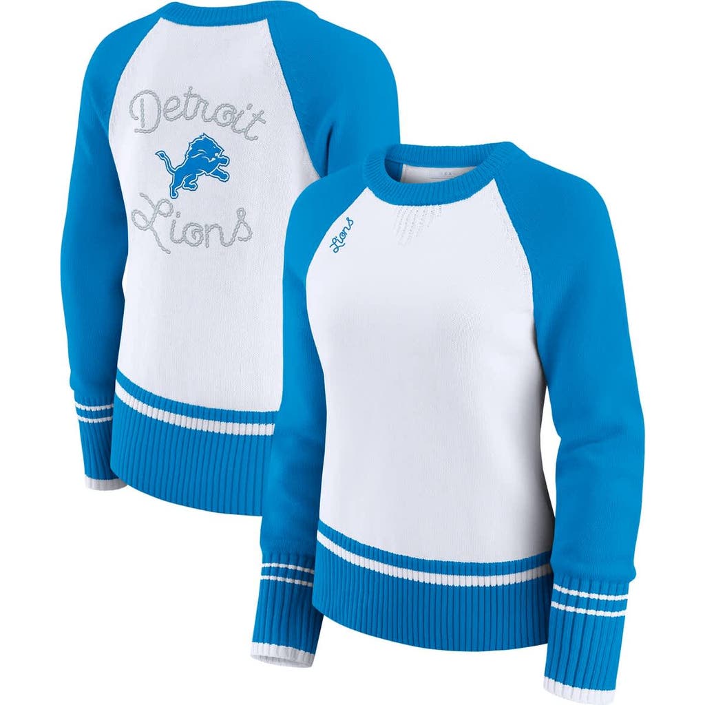 Wear By Erin Andrews Women's White/blue Detroit Lions Color Block Raglan Sweater In White