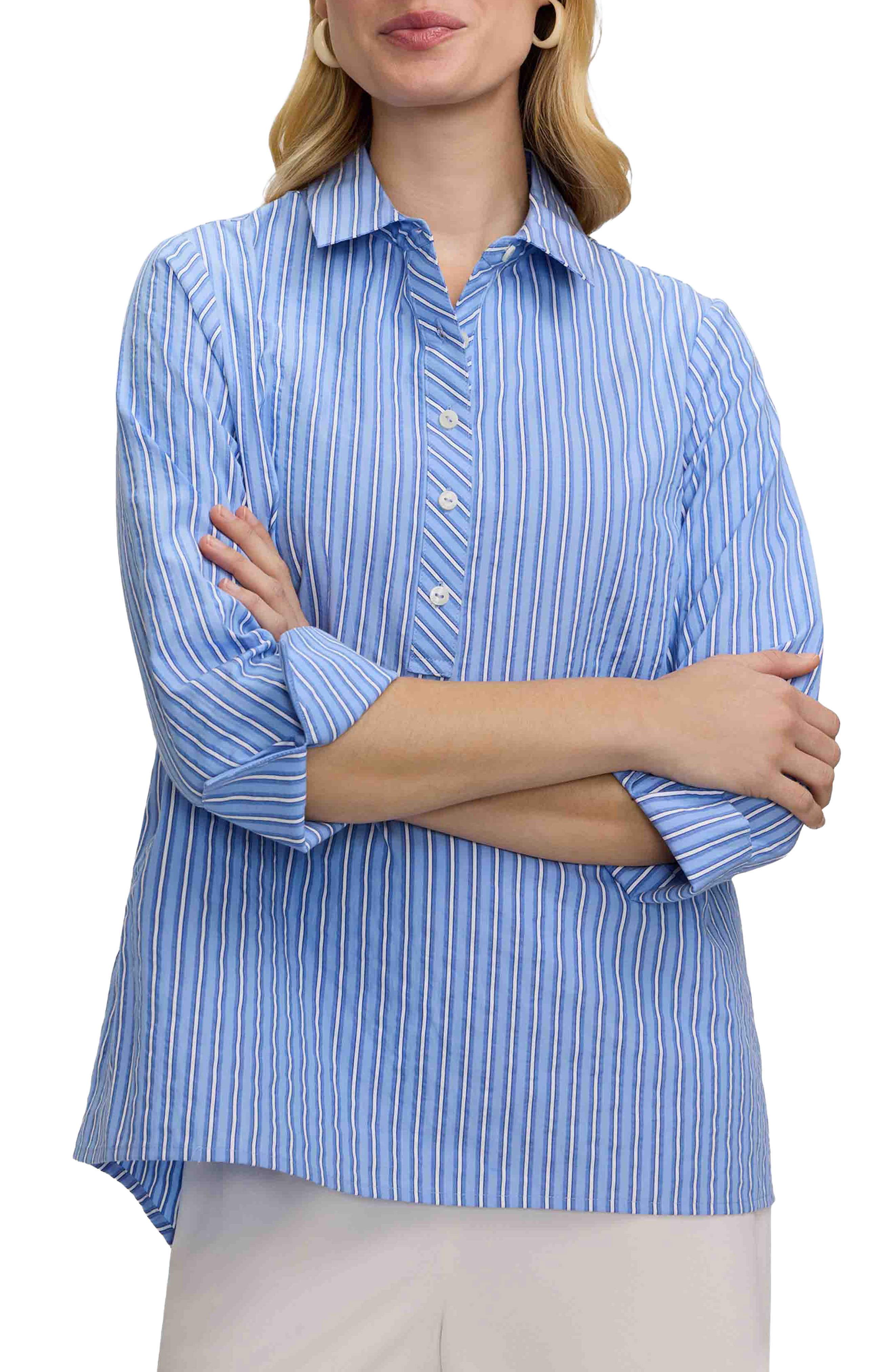 Therese Stripe Button Back Cotton Seersucker Popover Shirt
