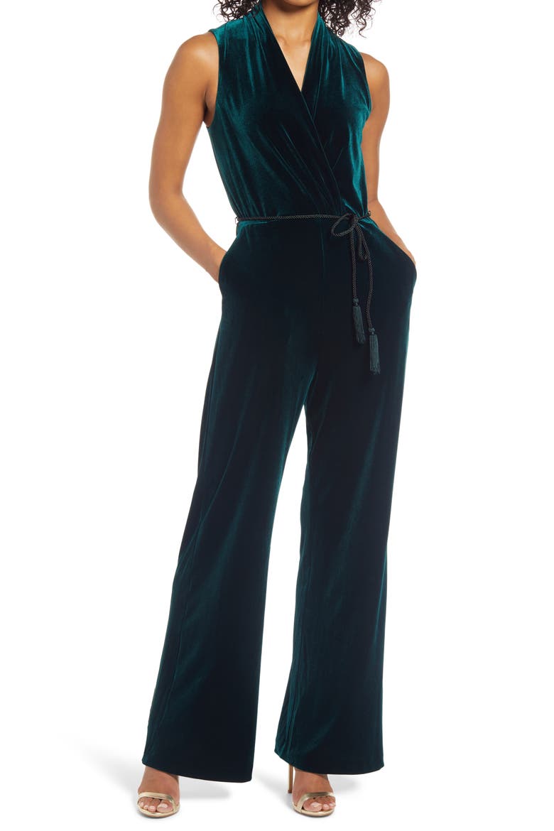 Vince Caputo Surplice Sleeveless Velvet Jumpsuit, Main, color, HUNTER