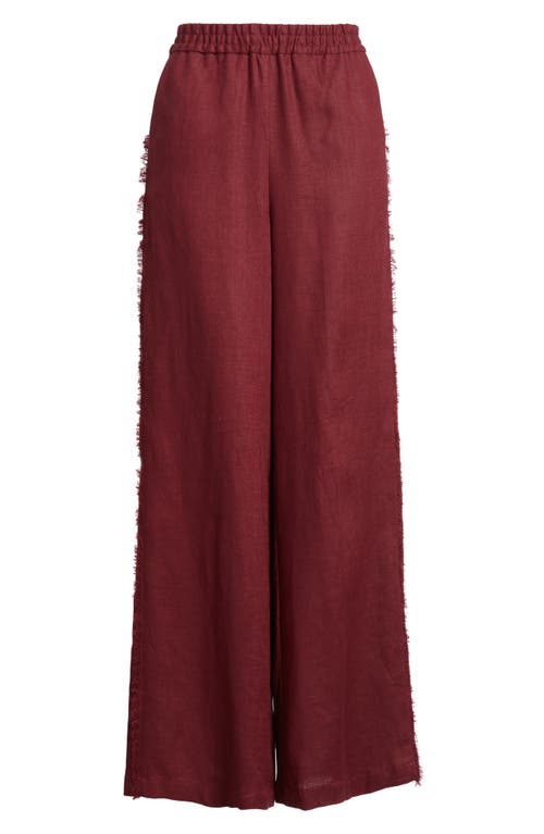Mango Tarida Frayed Linen Wide Leg Pants In Burgundy