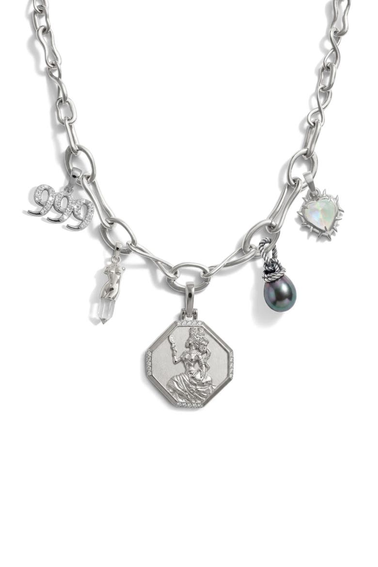 Enchantress Sterling Silver Charm Statement Necklace, Main, color, METALLIC SILVER