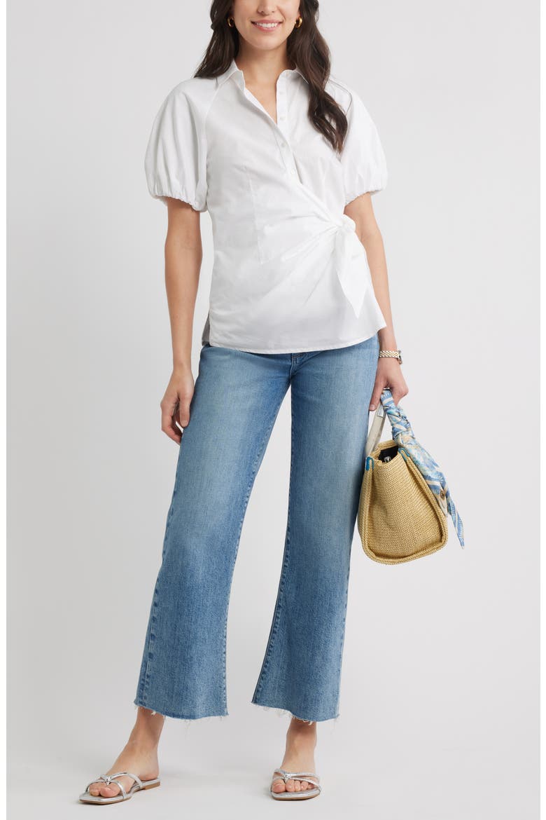 Tie Detail Balloon Sleeve Button-Up Shirt, Alternate, color, WHITE