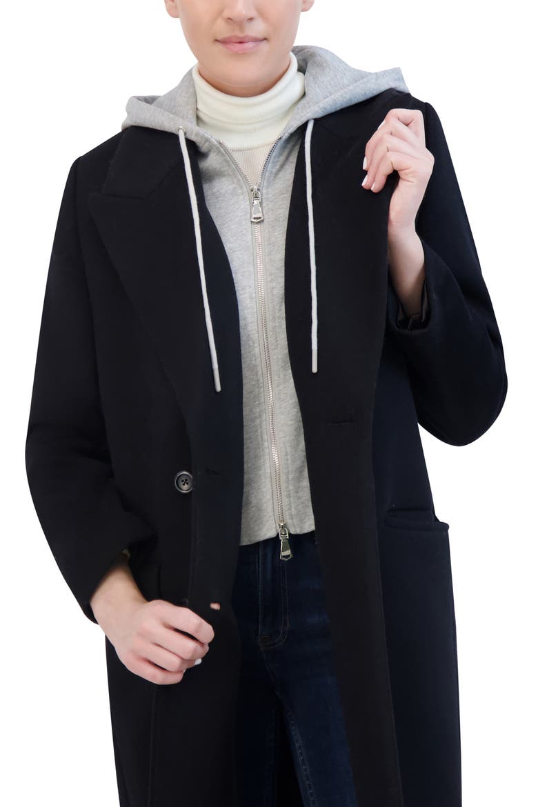 Double Breasted Longline Coat with Jersey Hooded Bib, Alternate, color, BLACK/ GREY