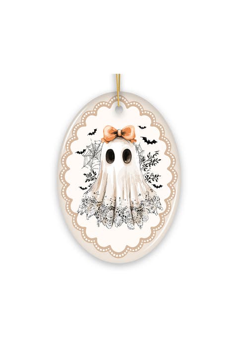 Lace Bow Ghost Oval Ceramic Ornament