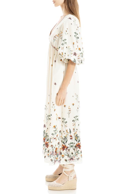 Max Studio Puff Sleeve Plunge Neck Midi Dress In White/floral