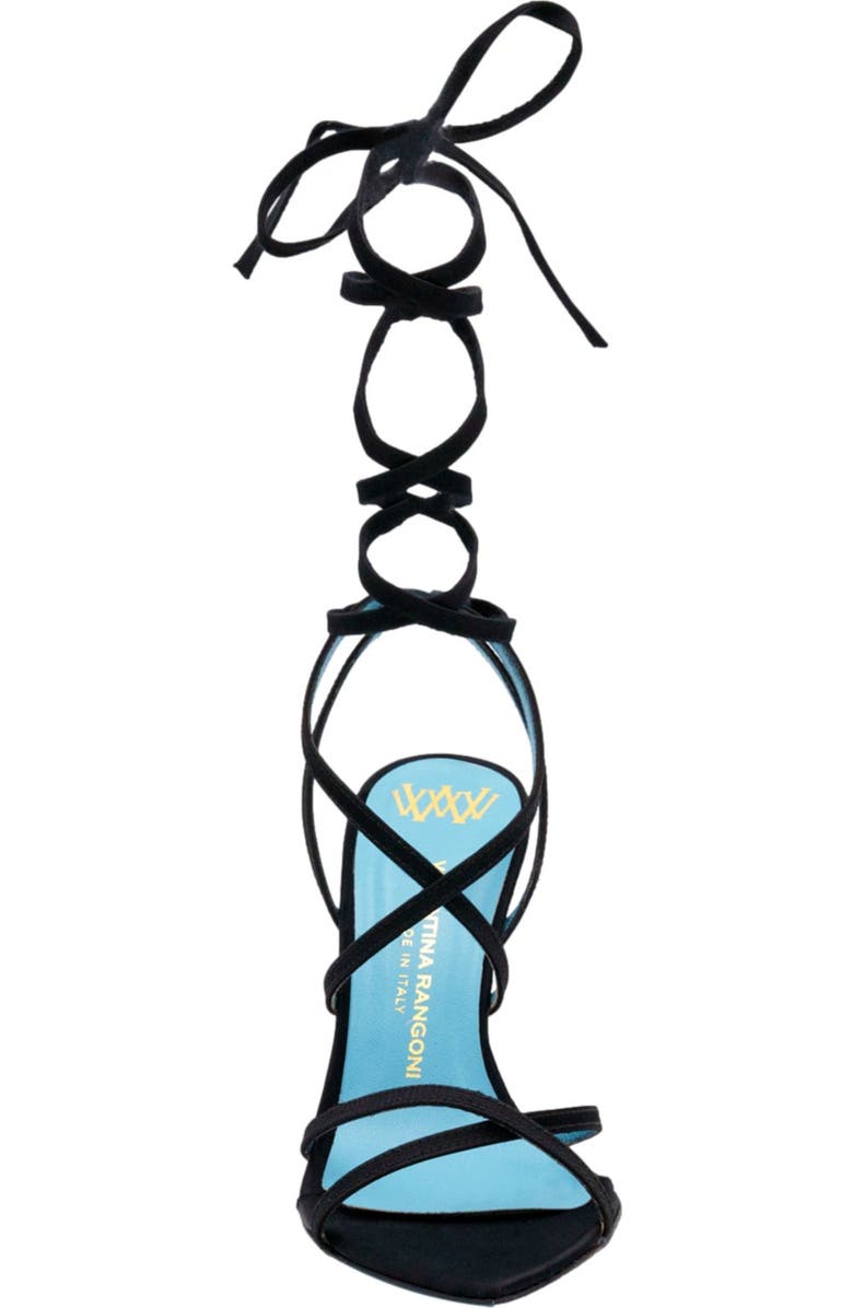 Valentina Rangoni Sibilla Elegant Ankle Wrap Sandal in Luxurious Satin, Alternate, color, Black