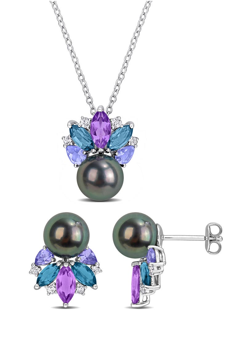 Tahitian Pearl Pendant Necklace & Stud Earrings Set, Main, color, PURPLE MULTI