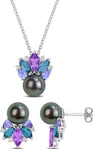 DELMAR Tahitian Pearl Pendant Necklace & Stud Earrings Set