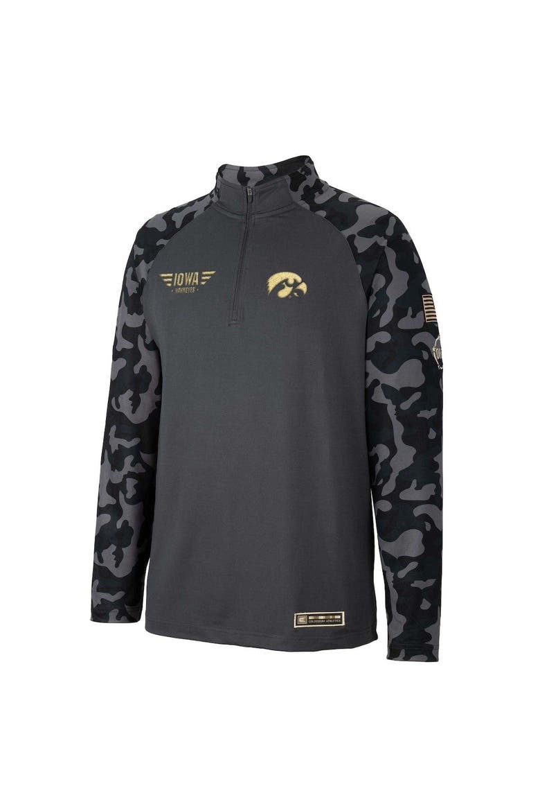 Men's Colosseum Charcoal Iowa Hawkeyes OHT Military Appreciation Long Range Raglan Quarter-Zip Jacket, Alternate, color, Charcoal