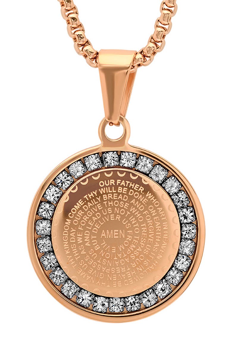 18K Rose Gold Plaed Stainless Steel Lord's Prayer CZ Pendant Necklace, Main, color, ROSE