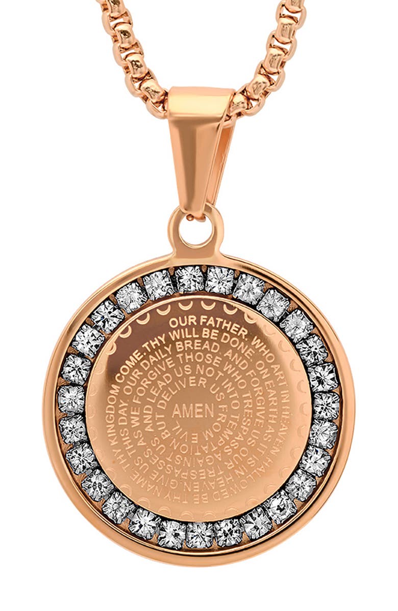 HMY JEWELRY 18K Rose Gold Plaed Stainless Steel Lord's Prayer CZ Pendant Necklace, Main, color, Rose