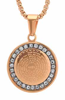 HMY JEWELRY 18K Rose Gold Plaed Stainless Steel Lord's Prayer CZ Pendant Necklace