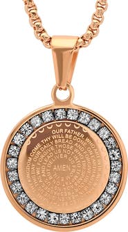 HMY JEWELRY 18K Rose Gold Plaed Stainless Steel Lord's Prayer CZ Pendant Necklace
