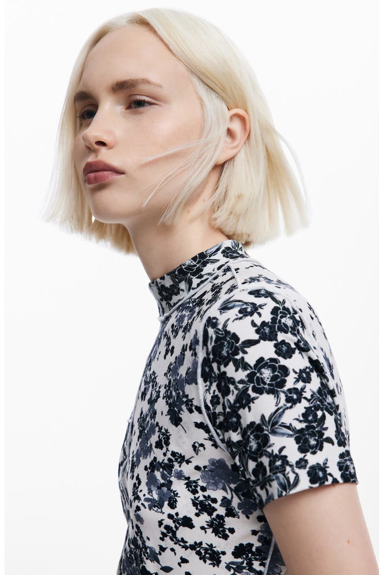 Patchy Floral Mock Neck T-Shirt, Alternate, color, WHITE