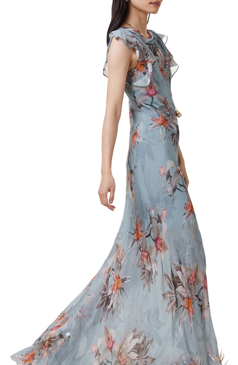 AllSaints Floral Ruffle Maxi Dress, Alternate, color, Adena Dusty Blue
