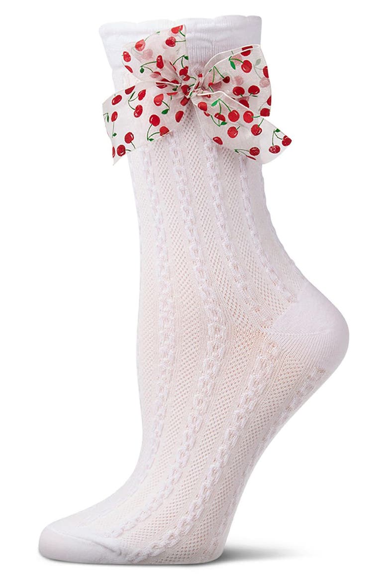 Cherry Bow Cable Crew Socks, Alternate, color, WHITE