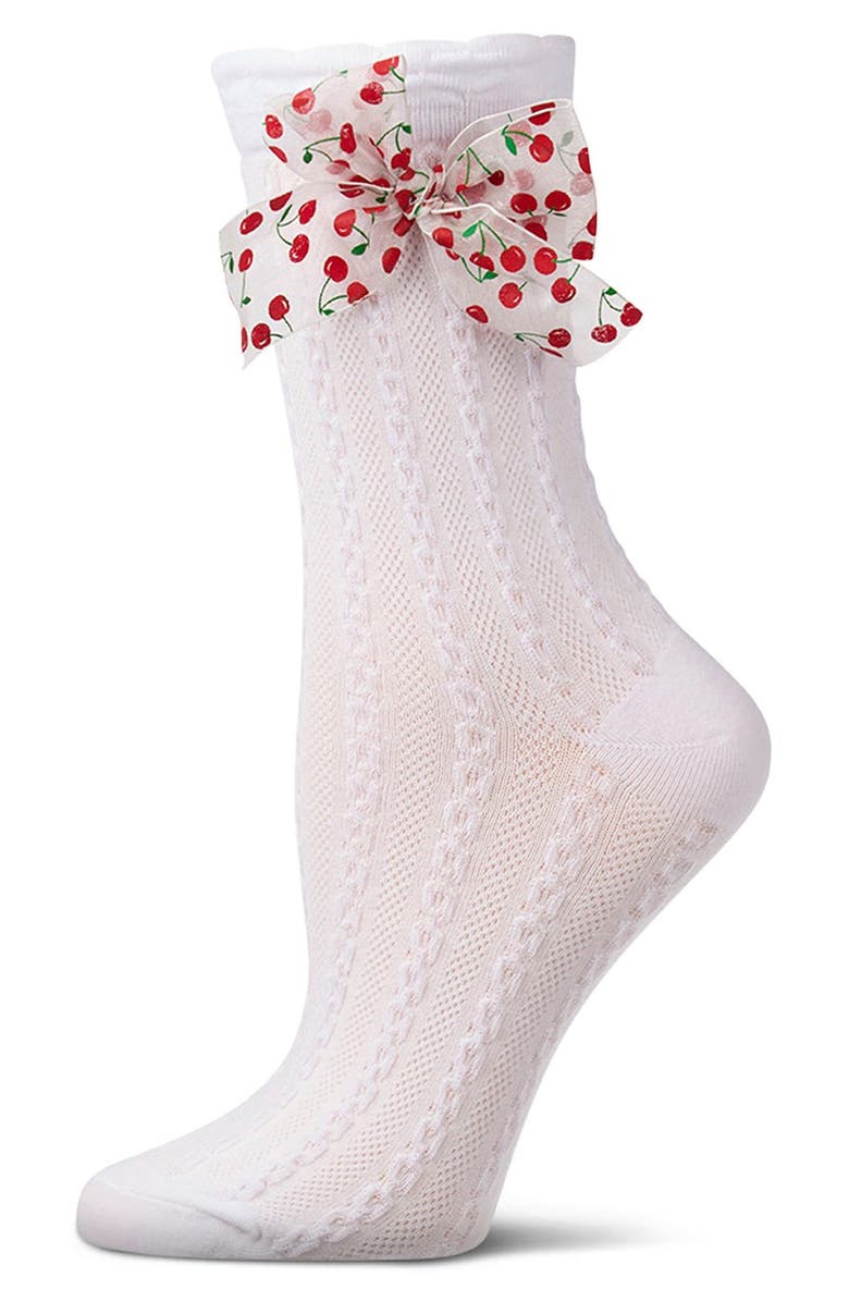 MeMoi Cherry Bow Cable Crew Socks, Alternate, color, White