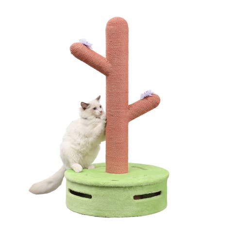 Rosa 36" Modern Jute Cactus Cat Scratching Post with Flower Toys and Built-In Bell Toys