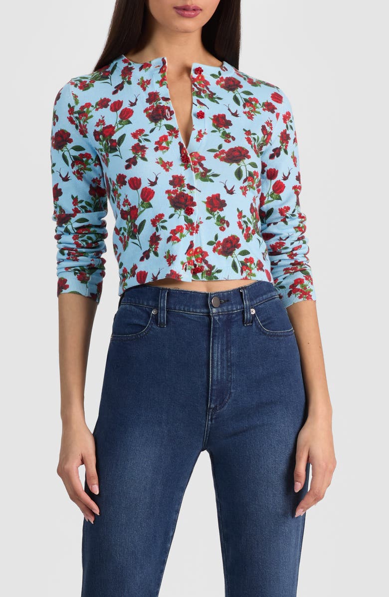 Alice + Olivia Carson Floral Print Cardigan, Main, color, American Beauty Carolina Blue