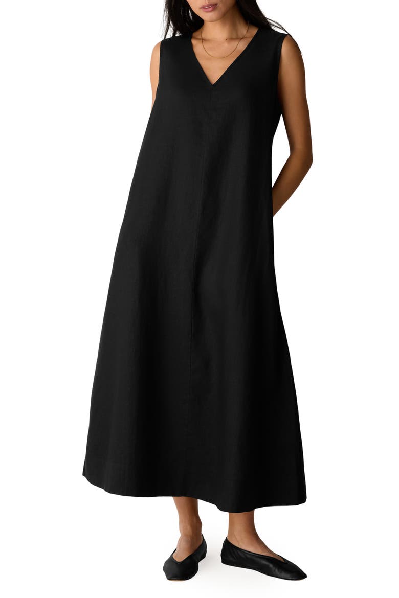 Sleeveless Organic Linen Midi Shift Dress, Main, color, BLACK