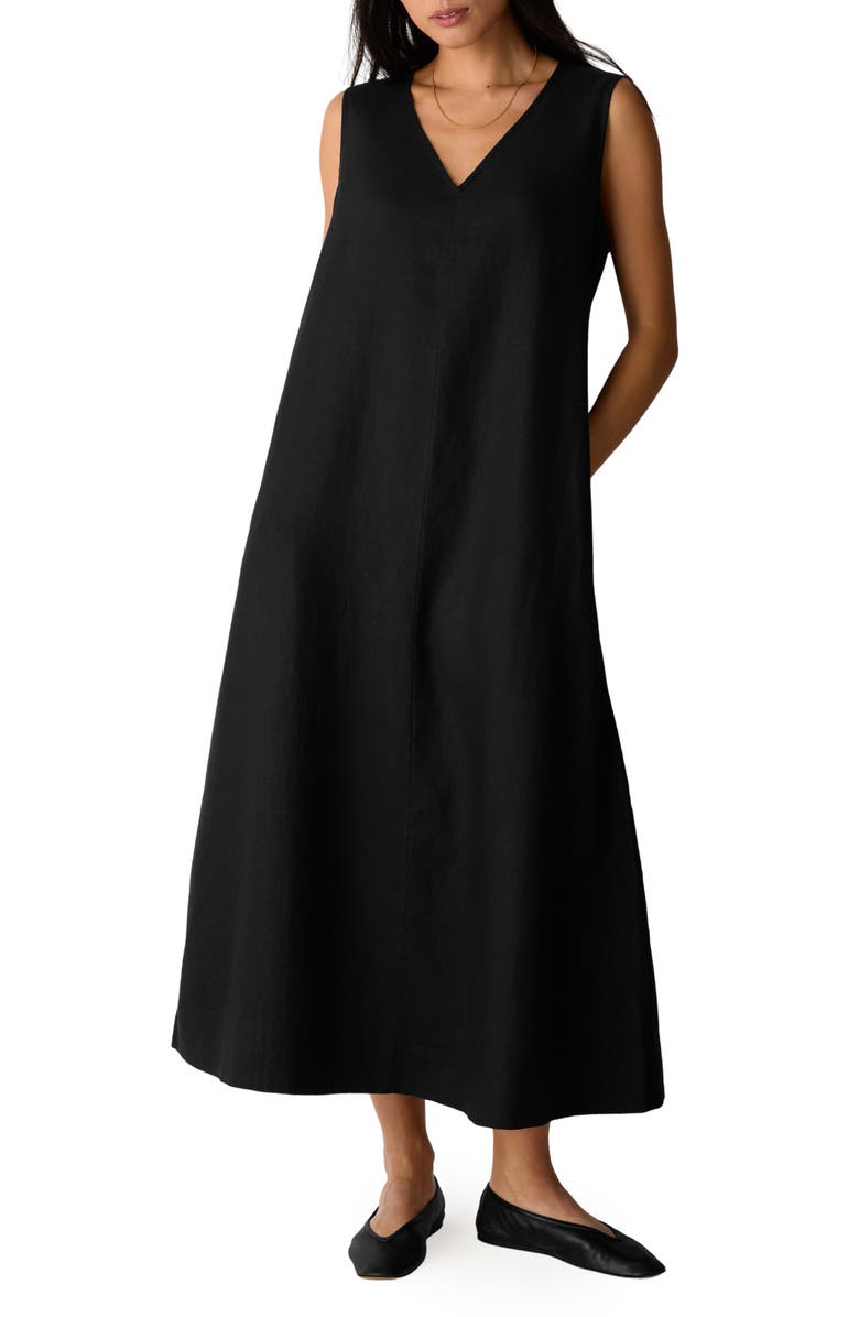Eileen Fisher Sleeveless Organic Linen Midi Shift Dress, Main, color, Black