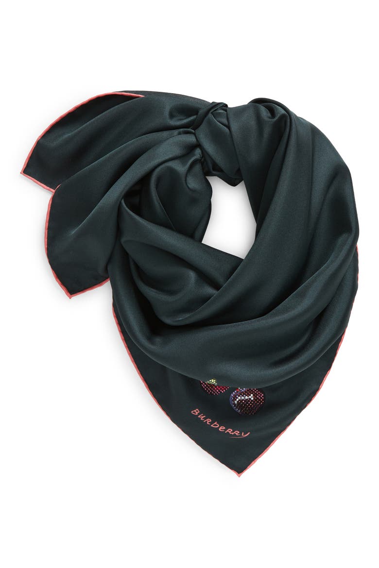 Cherry Print Square Silk Scarf, Alternate, color, IVY