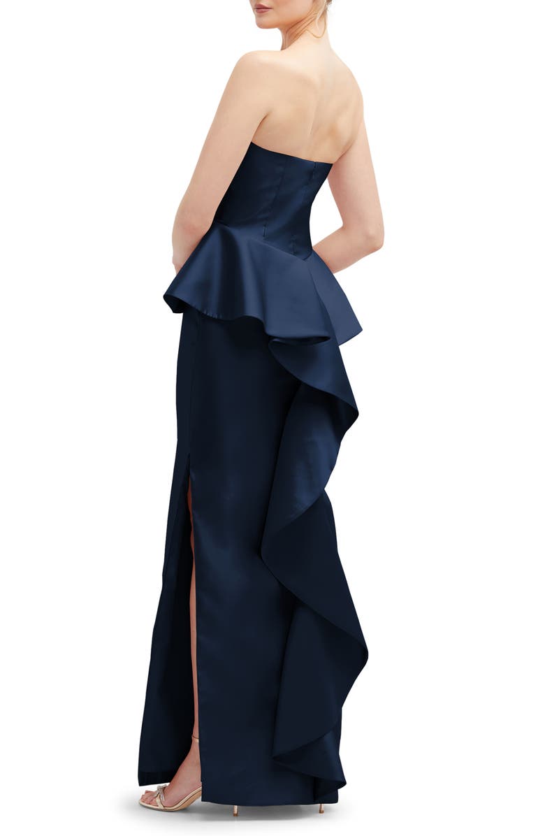 Alfred Sung Strapless Ruffle Peplum Satin Column Gown, Alternate, color, Midnight