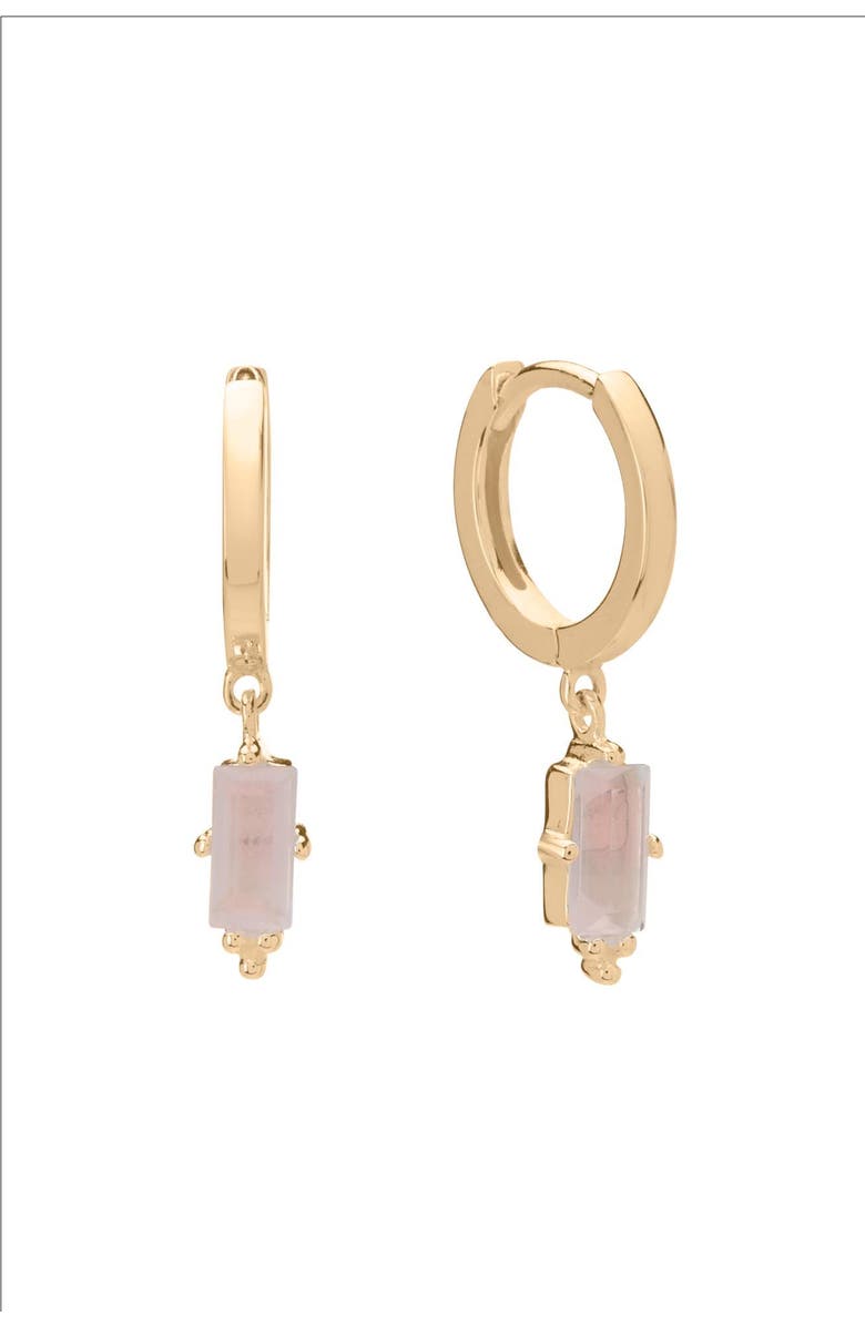 Murkani Huggies with Hanging Rose Quartz Baguette, Main, color, Yellow Gold