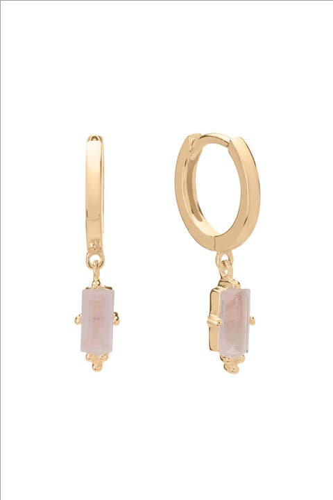 Huggies with Hanging Rose Quartz Baguette