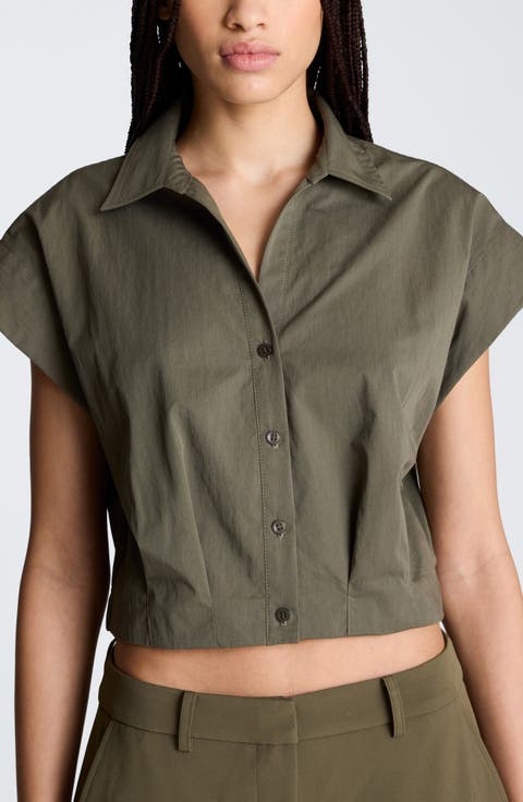 Cotton Blend Crop Button-Up Shirt