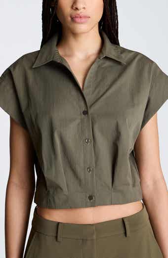 Cotton Blend Crop Button-Up Shirt