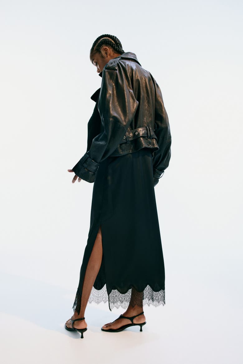 Lace-trimmed Satin Skirt, Alternate, color, Black