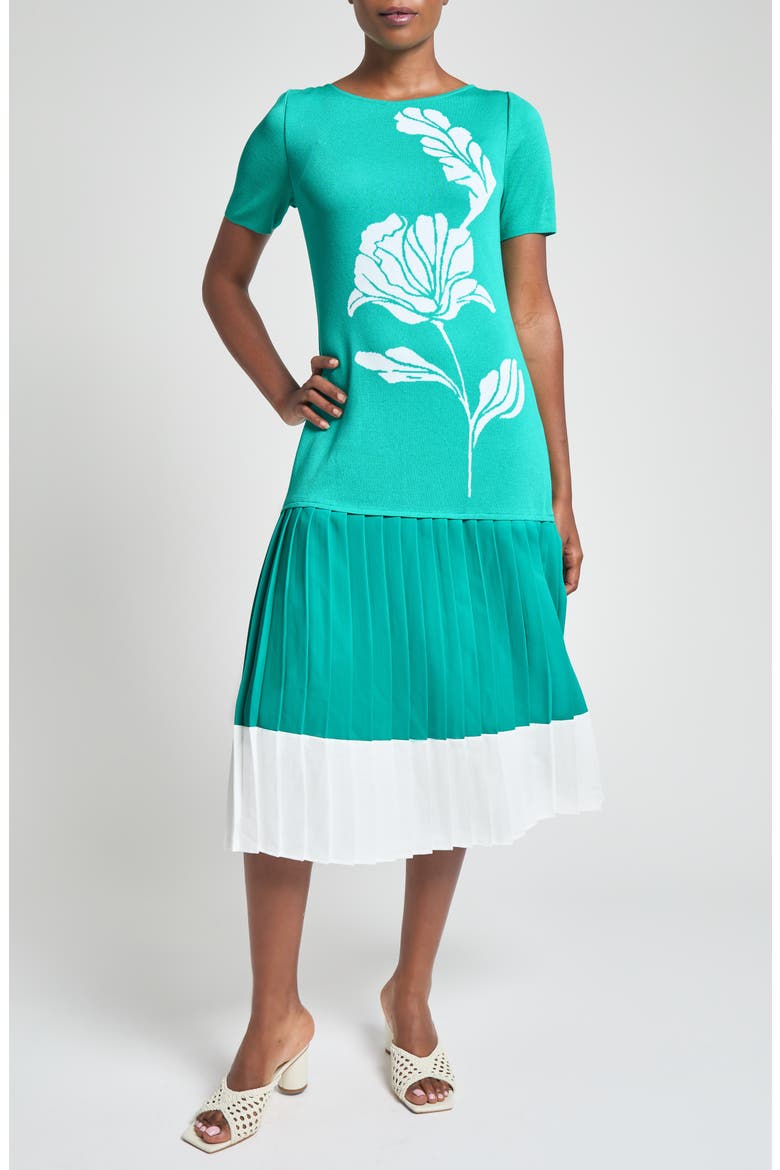 Modern Fit Mixed Media Pleated Midi Dress, Main, color, EMERALD AWE/ WHITE