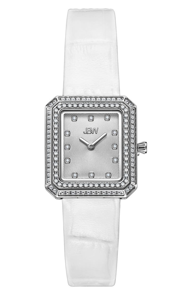 JBW Arc Diamond Leather Strap Watch, 23mm, Main, color, White