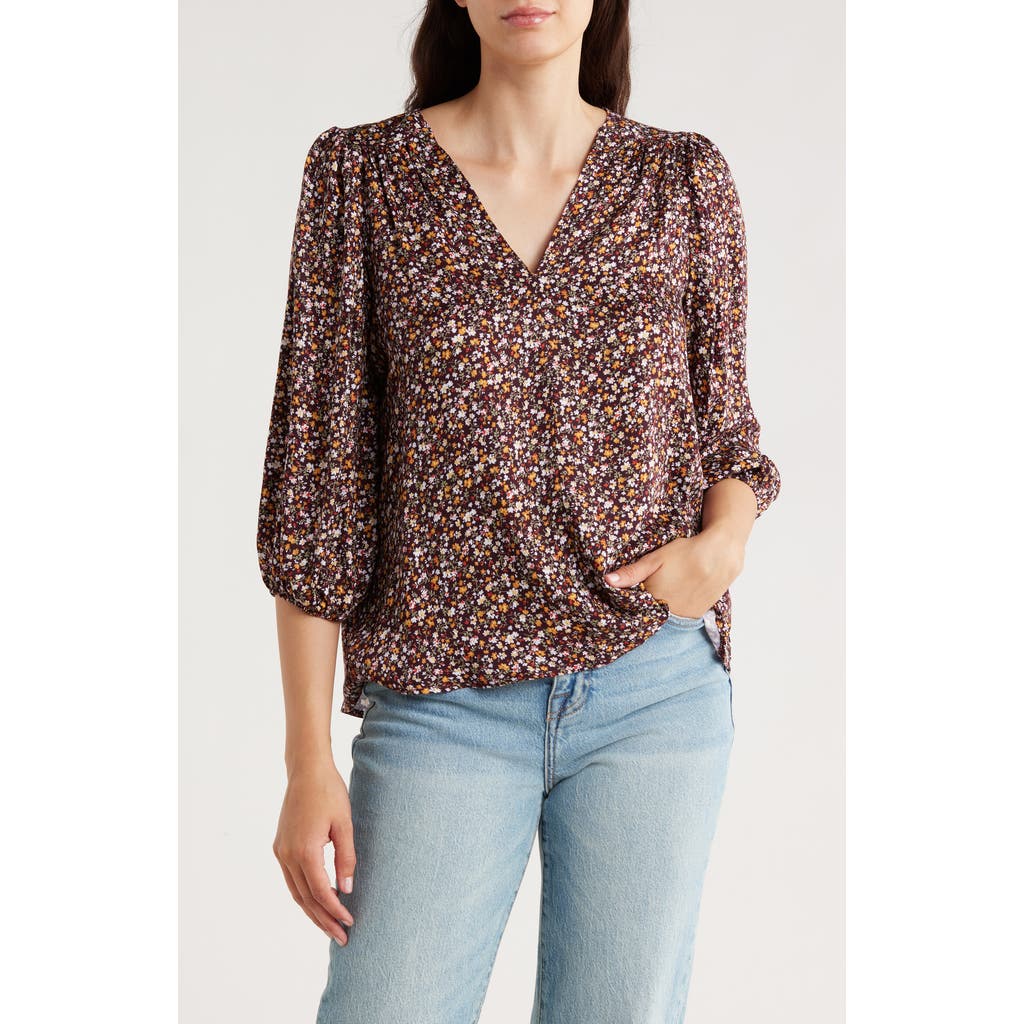 Renee C Floral V-neck Balloon Sleeve Top In Multi