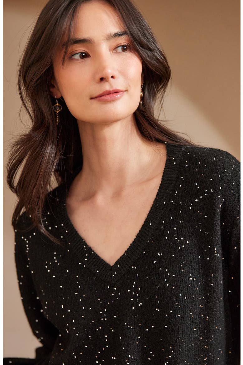 Sequin V-Neck Sweater, Alternate, color, BLACK