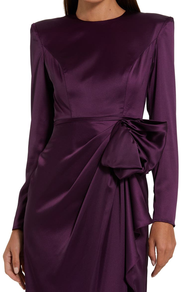 Women's Long Sleeve Satin Structured Bow Draped Column Gown, Alternate, color, Eggplant