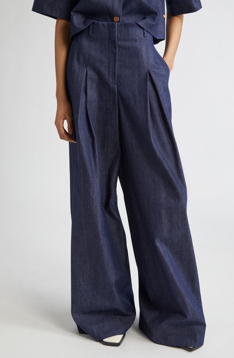 Lafayette 148 New York Warren Inverted Pleat Wide Leg Jeans, Main, color, Indigo