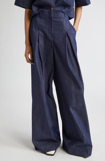 Lafayette 148 New York Warren Inverted Pleat Wide Leg Jeans In Indigo