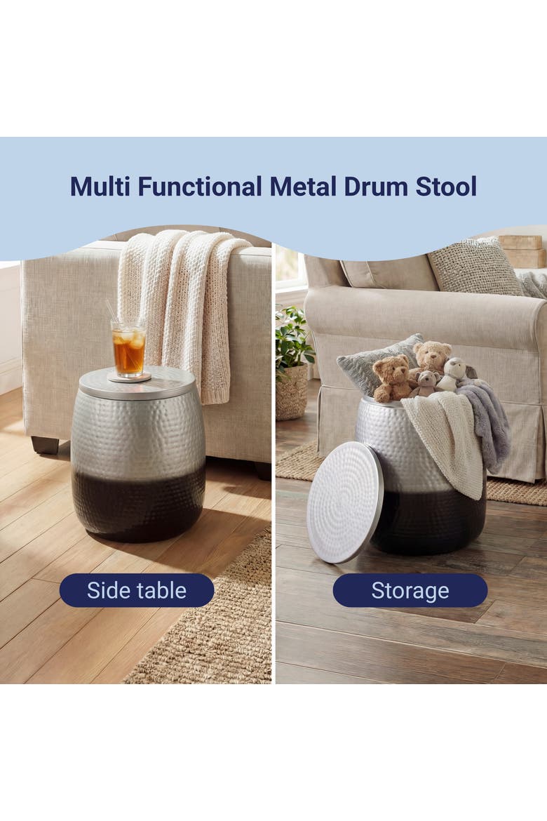 Merida Modern Rustic Hammered Metal Drum Storage Side Table with Lid, Alternate, color, Silver/Black