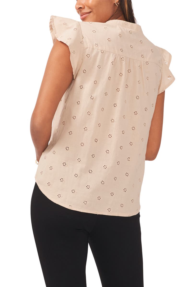Chaus Floral Eyelet Flutter Sleeve Cotton Poplin Blouse, Alternate, color, Tan